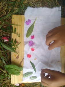 Feuilles et fleurs pour frappage de plantes, Hapazome ou tataki-zomé