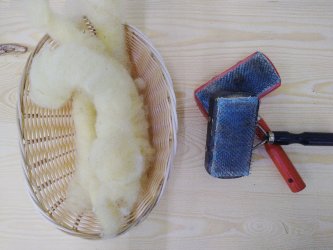 Petits rolags cardés prêts pour le filage au fuseau, atelier laine pour enfants